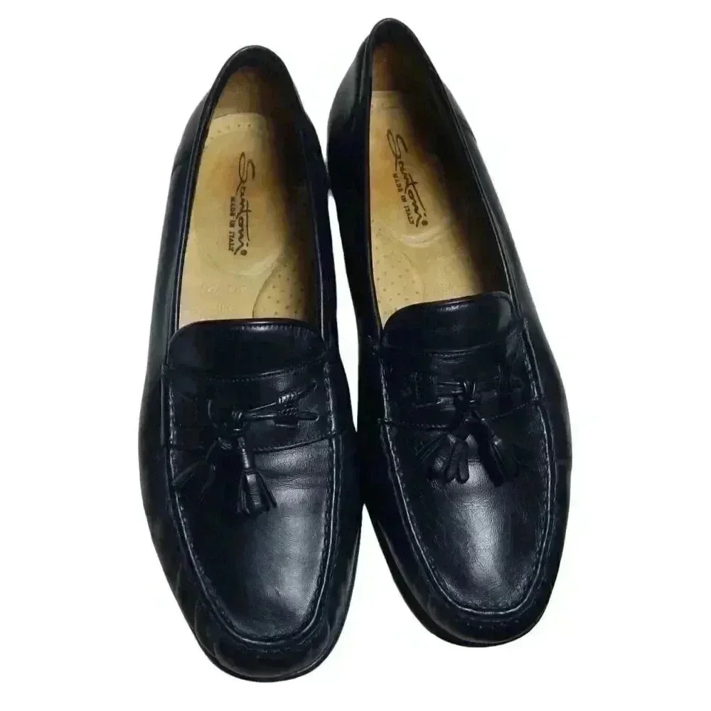 Santoni Men's Made in Italy Black Leather Tasseled Loafers Shoes Size 9.5 D